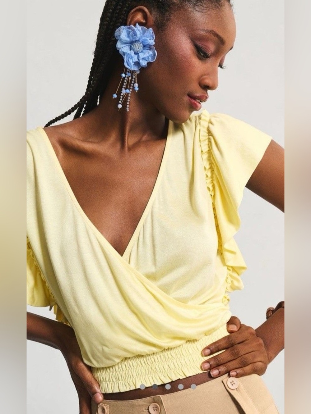 Anthropologie Pale Butter Yellow Wrap Flutter-Sleeve Blouse romantic  XL